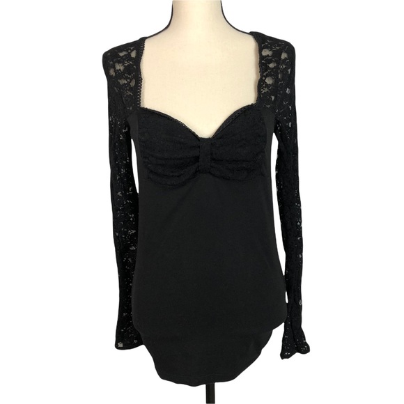 Free People Tops - Free People Lace Long Sleeve Top Shirt Black Large Dark Academia Lace Sleeve
